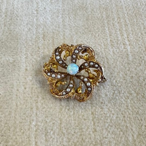 Antique Victorian Gold Opal and seed Pearl Pinwheel Flower Brooch