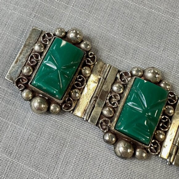 Vintage Mexico Sterling Silver Green Onyx Masks Bracelet