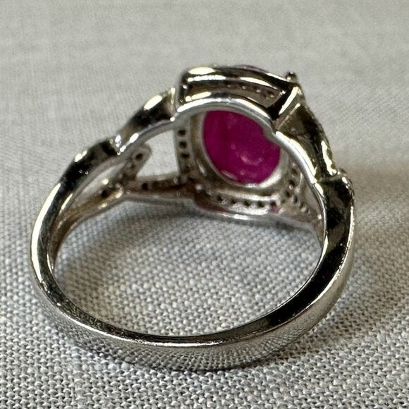 Burmese Ruby Sterling Silver Ring with Diamonds size 6.5
