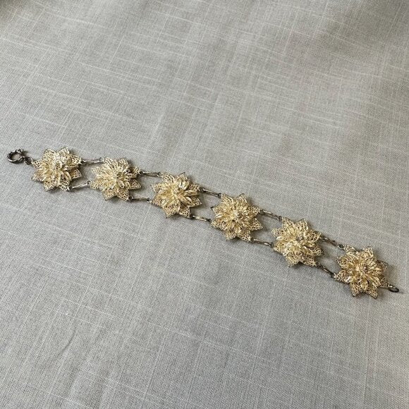 Vintage Silver Large Filigree Flower Linked Bracelet