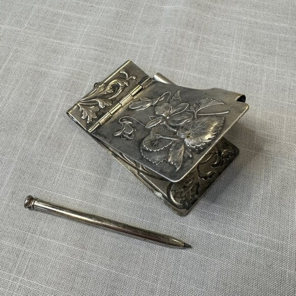 Antique Art Nouveau Silver Chatelaine Notebook Holder with Pencil