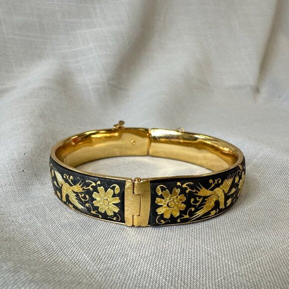 Vintage Damascene Birds and Flowers Hinged Bracelet