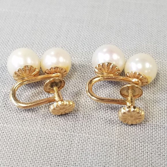 Vintage Double Cultured Pearl and 14K Gold clip-on earrings