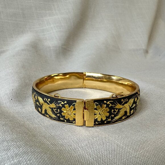 Vintage Damascene Birds and Flowers Hinged Bracelet