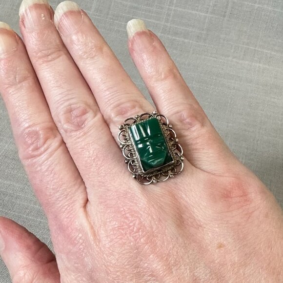 Vintage Mexico Sterling Silver and Green Onyx Mask Ring size 5.5