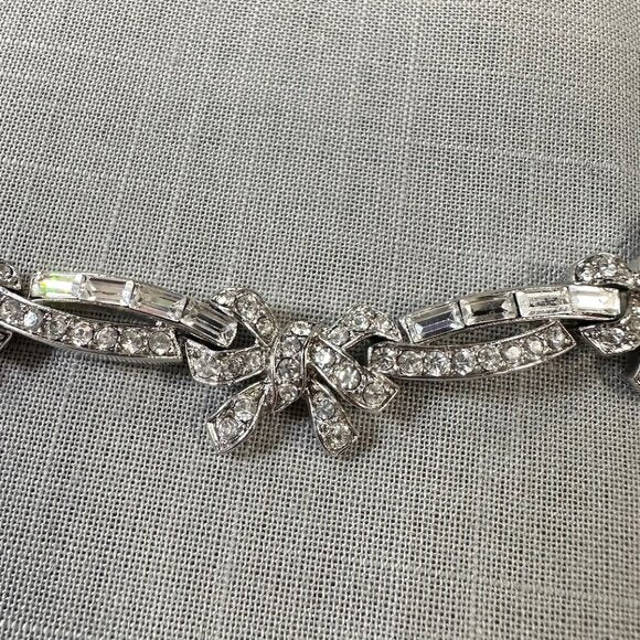 Vintage Monet Demi-Parure Rhinestone Bow Necklace and Clip on Earrings Set
