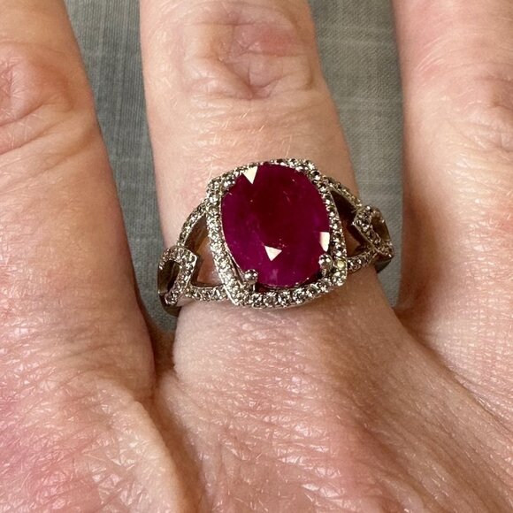 Burmese Ruby Sterling Silver Ring with Diamonds size 6.5