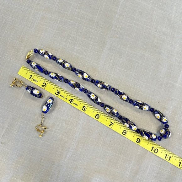 Vintage Smithsonian Institution Murano Glass Bead Necklace and Clip on Earrings
