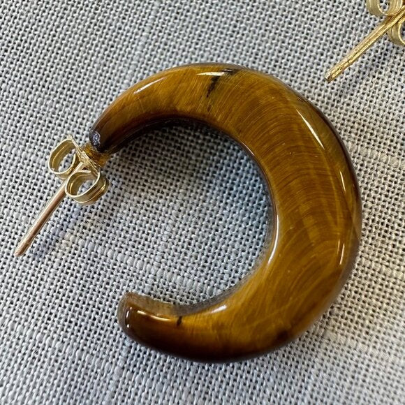 Vintage Tiger Eye C Hoop 14K Gold Earrings