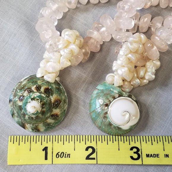 Vintage Rare Pink Quartz Necklace with Turbo Green Shell Pendants