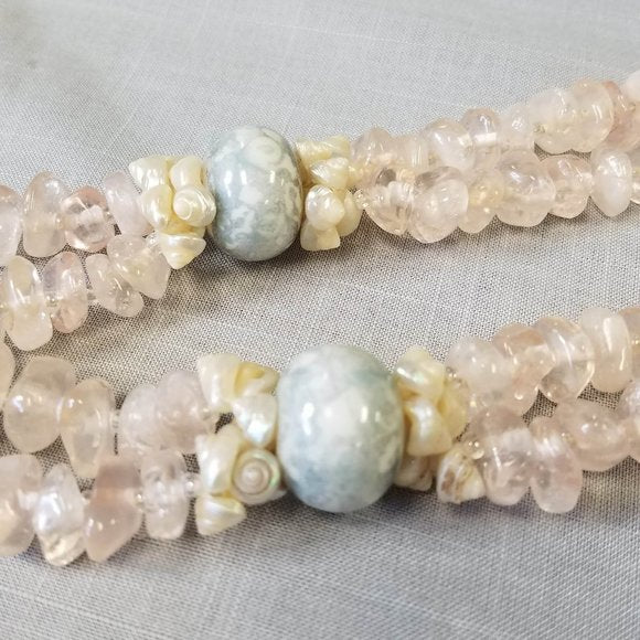 Vintage Rare Pink Quartz Necklace with Turbo Green Shell Pendants