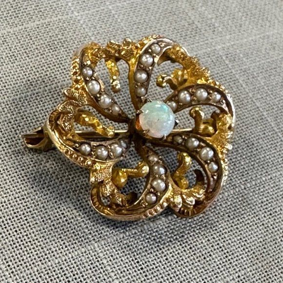Antique Victorian Gold Opal and seed Pearl Pinwheel Flower Brooch