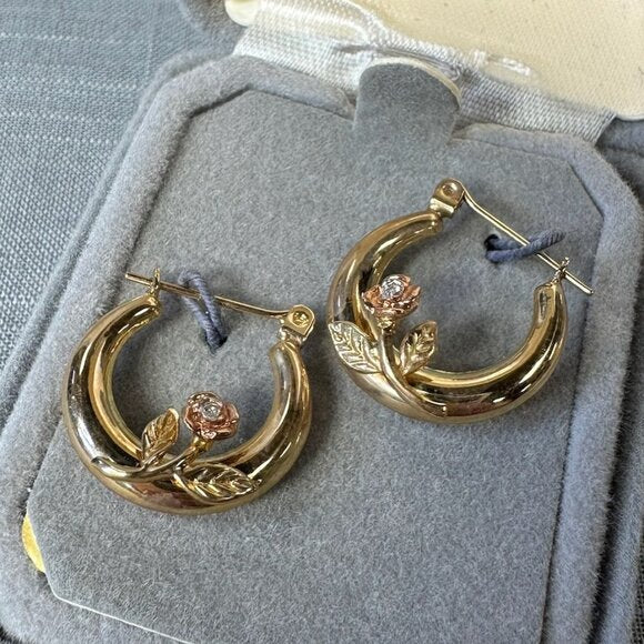 Vintage 14K Gold Hoop Earrings with Roses and Diamond Accent