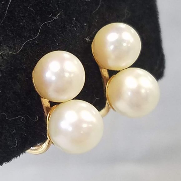 Vintage Double Cultured Pearl and 14K Gold clip-on earrings