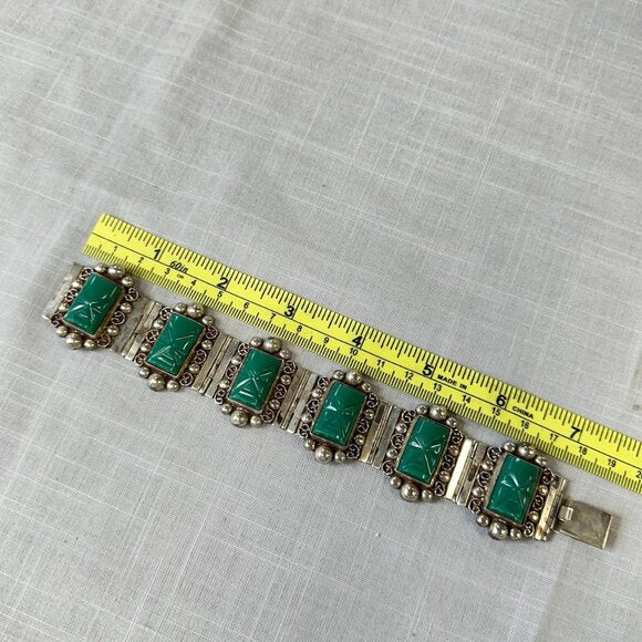 Vintage Mexico Sterling Silver Green Onyx Masks Bracelet