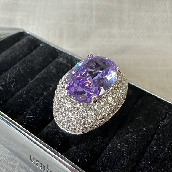 Tanzanite and CZ stones Silver Halo Ring