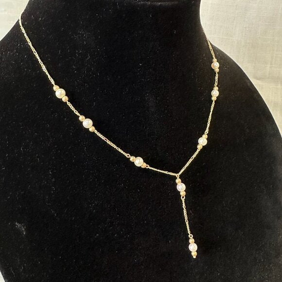 Vintage 10K Gold and Pearl Lariat Necklace