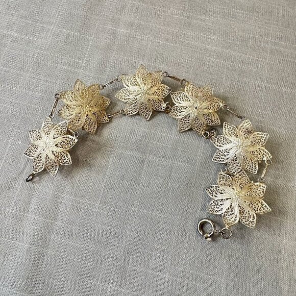 Vintage Silver Large Filigree Flower Linked Bracelet