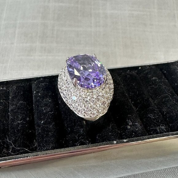 Tanzanite and CZ stones Silver Halo Ring