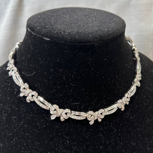 Vintage Monet Demi-Parure Rhinestone Bow Necklace and Clip on Earrings Set