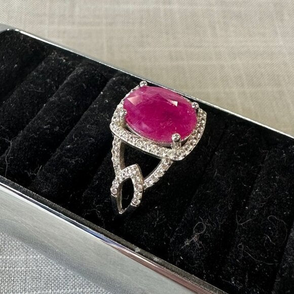 Burmese Ruby Sterling Silver Ring with Diamonds size 6.5