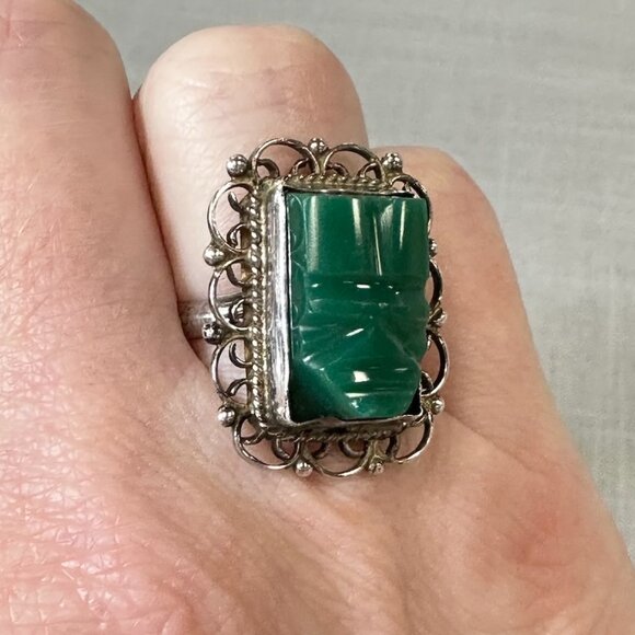 Vintage Mexico Sterling Silver and Green Onyx Mask Ring size 5.5
