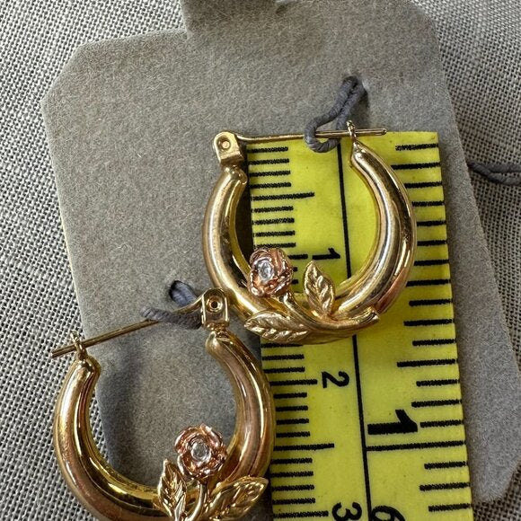 Vintage 14K Gold Hoop Earrings with Roses and Diamond Accent