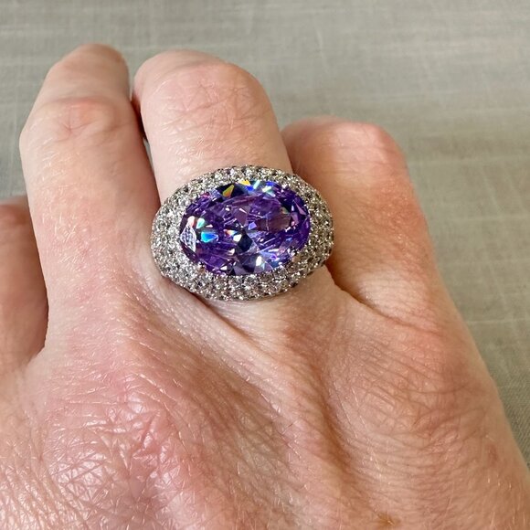 Tanzanite and CZ stones Silver Halo Ring