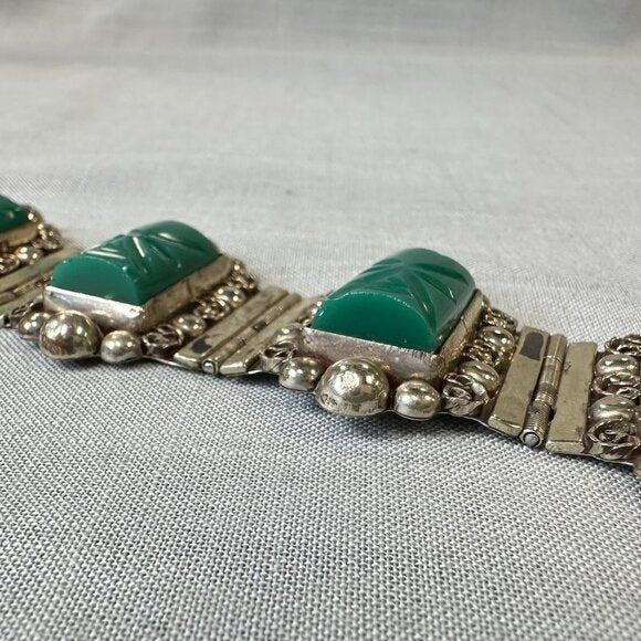 Vintage Mexico Sterling Silver Green Onyx Masks Bracelet