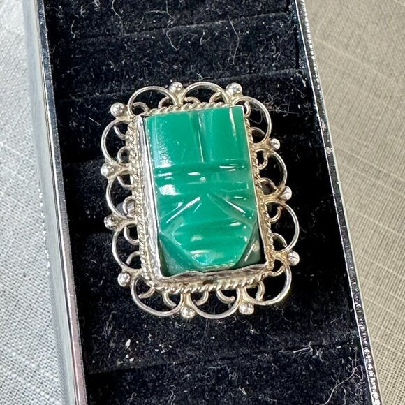 Vintage Mexico Sterling Silver and Green Onyx Mask Ring size 5.5