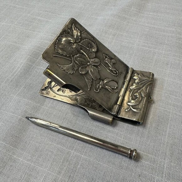 Antique Art Nouveau Silver Chatelaine Notebook Holder with Pencil