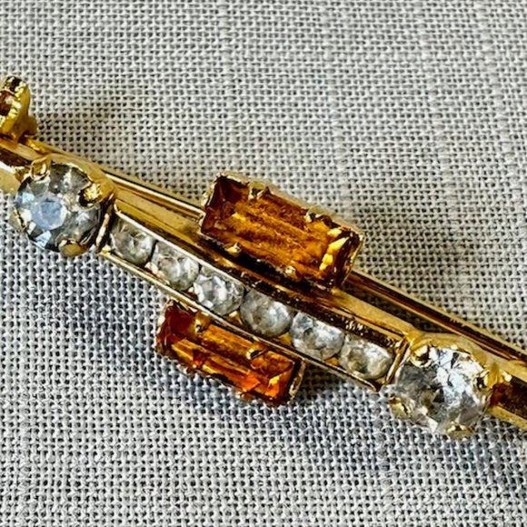 Vintage Antique Made in Austria Gold Bar Pin with Citrine Paste Stones