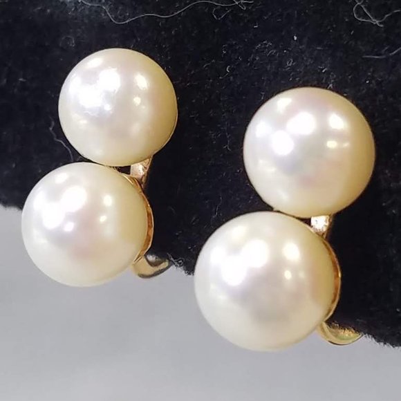 Vintage Double Cultured Pearl and 14K Gold clip-on earrings