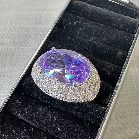 Tanzanite and CZ stones Silver Halo Ring