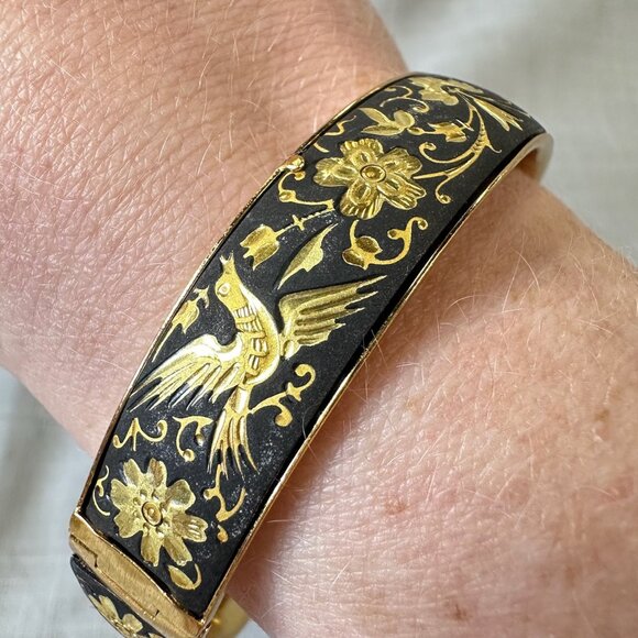 Vintage Damascene Birds and Flowers Hinged Bracelet