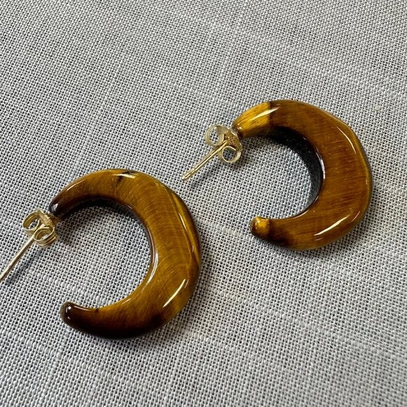 Vintage Tiger Eye C Hoop 14K Gold Earrings