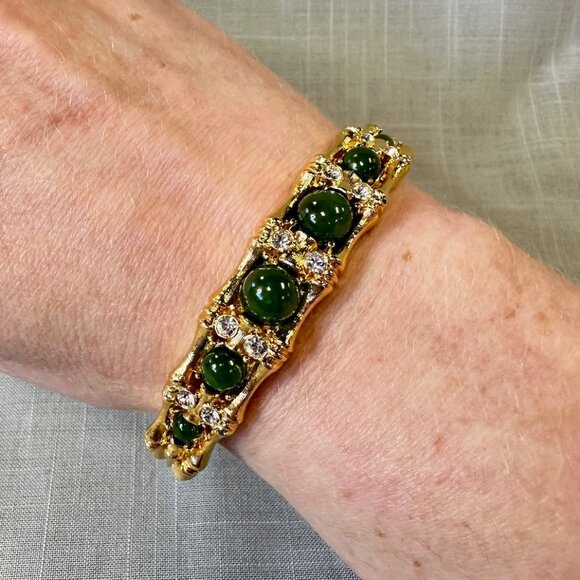 Vintage JBK Camrose & Kross Faux Jade and Gold Tone Bamboo Hinged Bracelet