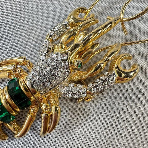 Vintage Articulated Lobster Crayfish Emerald and Clear Crystal Brooch
