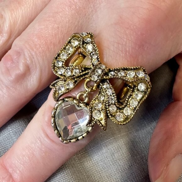 Vintage Betsey Johnson Bow with Rhinestones and Heart Stretch Ring