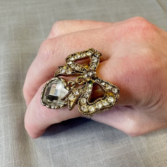 Vintage Betsey Johnson Bow with Rhinestones and Heart Stretch Ring