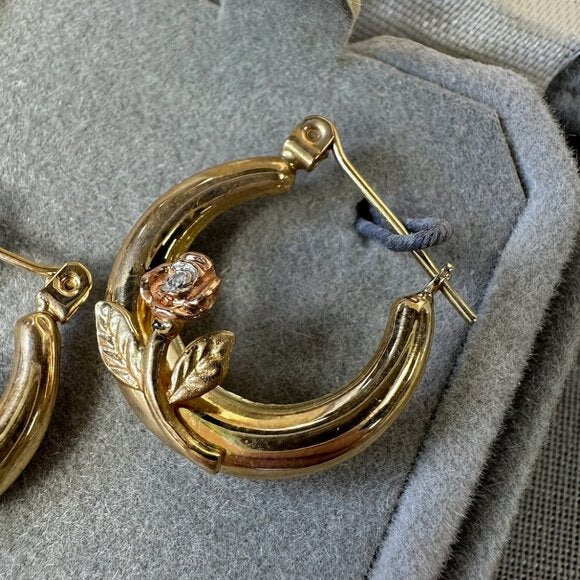 Vintage 14K Gold Hoop Earrings with Roses and Diamond Accent