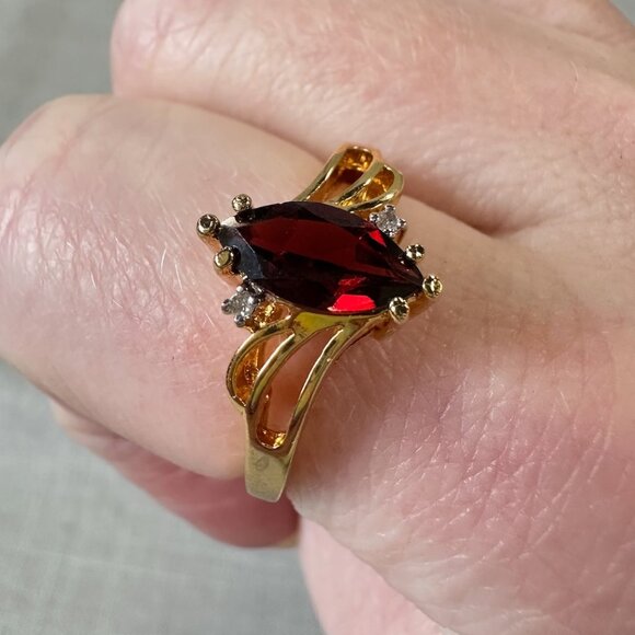 14K Gold Plated Mozambique Garnet and Diamond Ring size 7